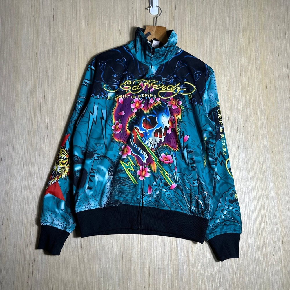 Vintage Ed Hardy Sweater Mens Large Teal Long Sleeve Zip Up Y2K Graphic Print